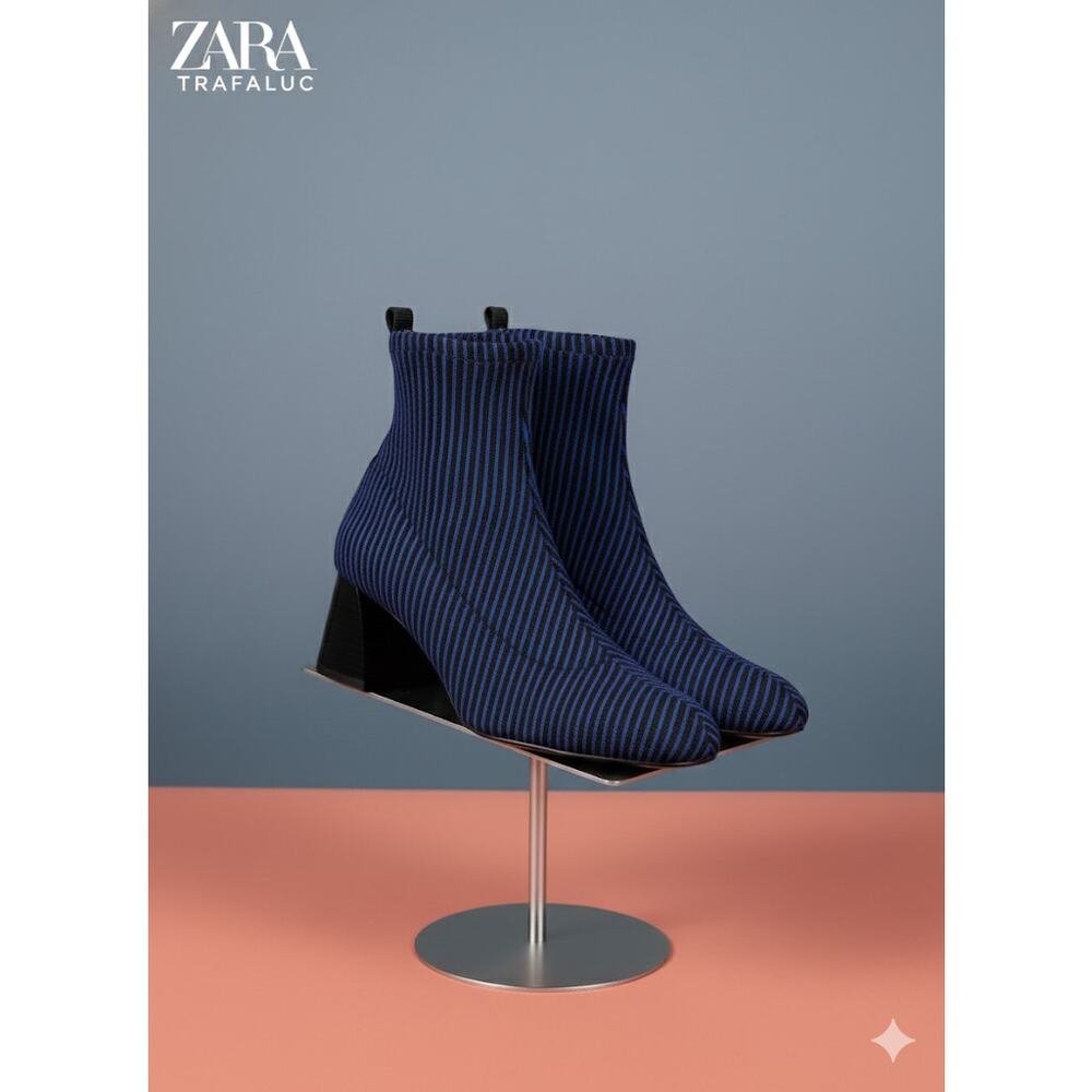 Zara Trafaluc Blue Black Knit Pull-On Block Heel Ankle Boots Booties 36 US 6